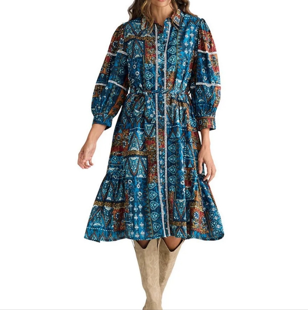 NWT Talisman  Castella Patchwork button down collarBohemian Patterned Dress